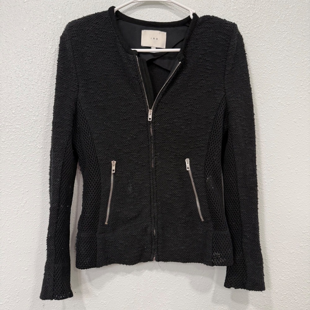 IRO Amiya Black Textured Boucle Mesh Zip Up Moto Jacket Size 40 Womens